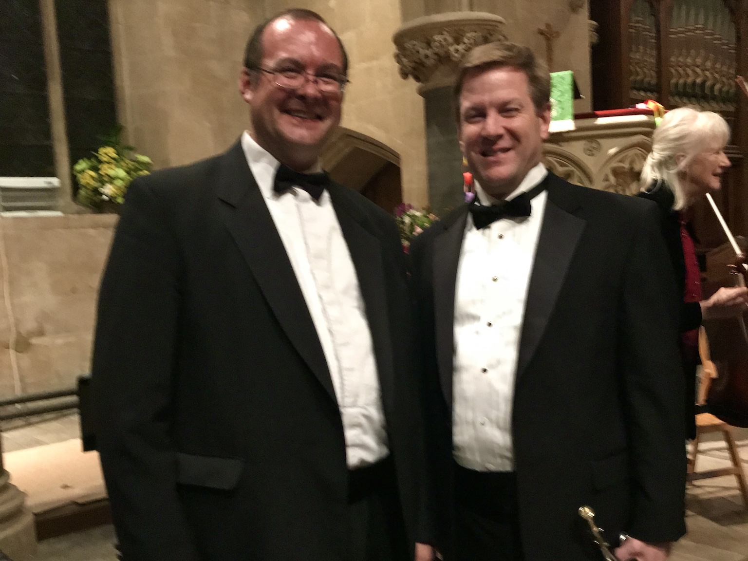 Trumpet teacher Jeff Purtle with longtime student David Bertie after a recital, representing proven results of systematic trumpet study.