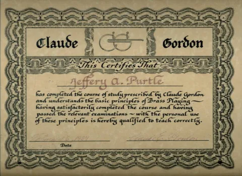 Certificate issued to Jeffrey A. Purtle for completing studies under Claude Gordon.
