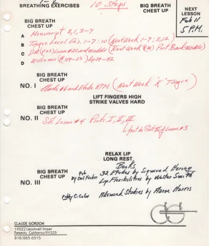 Practice routine from Claude Gordon with details on breathing exercises and various trumpet method books used