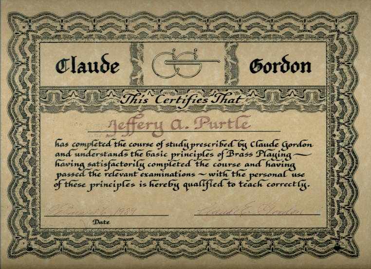 Claude Gordon Certified Teacher Certificate