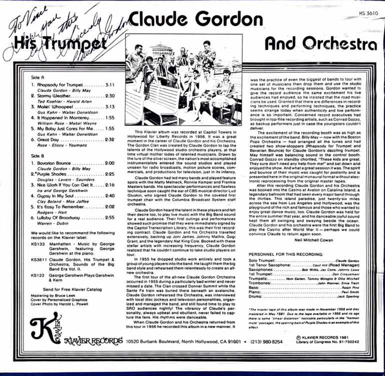 Claude Gordon, His Trumpet and Orchestra - Volume 1 - Back
