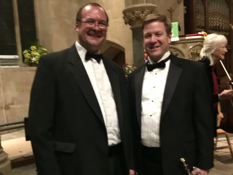Trumpet teacher Jeff Purtle with longtime student David Bertie after a recital, representing proven results of systematic trumpet study.